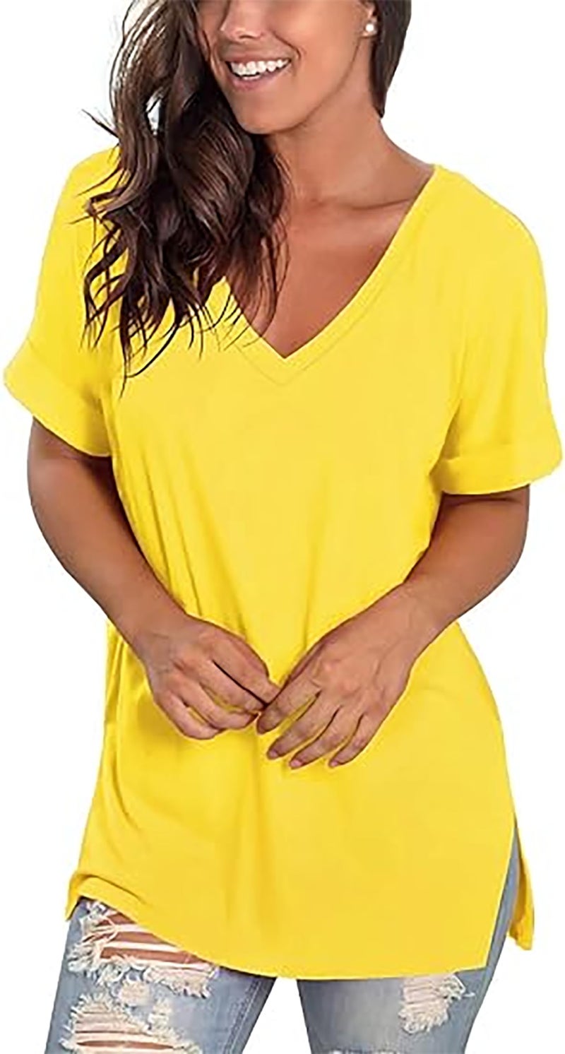 Sampeel Womens Short Sleeve V Neck Shirts Summer Casual Tops Blouses Yellow L - Image 4